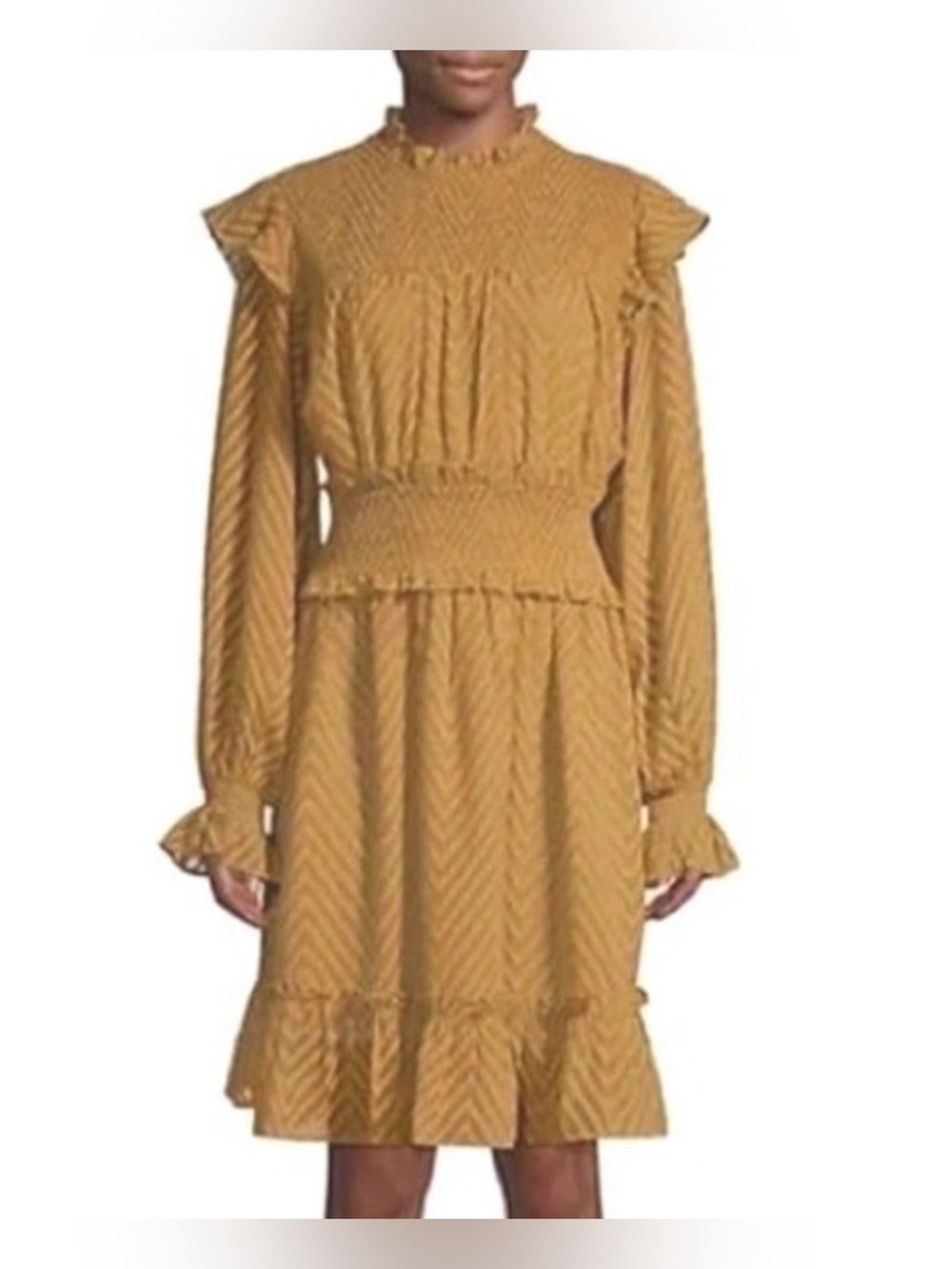 Walter Baker Mustard Yellow Smocked Waist Ruffle Long-Sleeve Dress